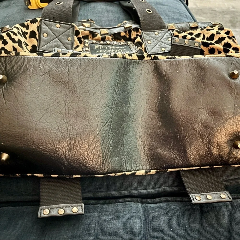Large Vintage Betsey Johnson Leopard Print Tote Bag with Studded Trim - Picture 7 of 10
